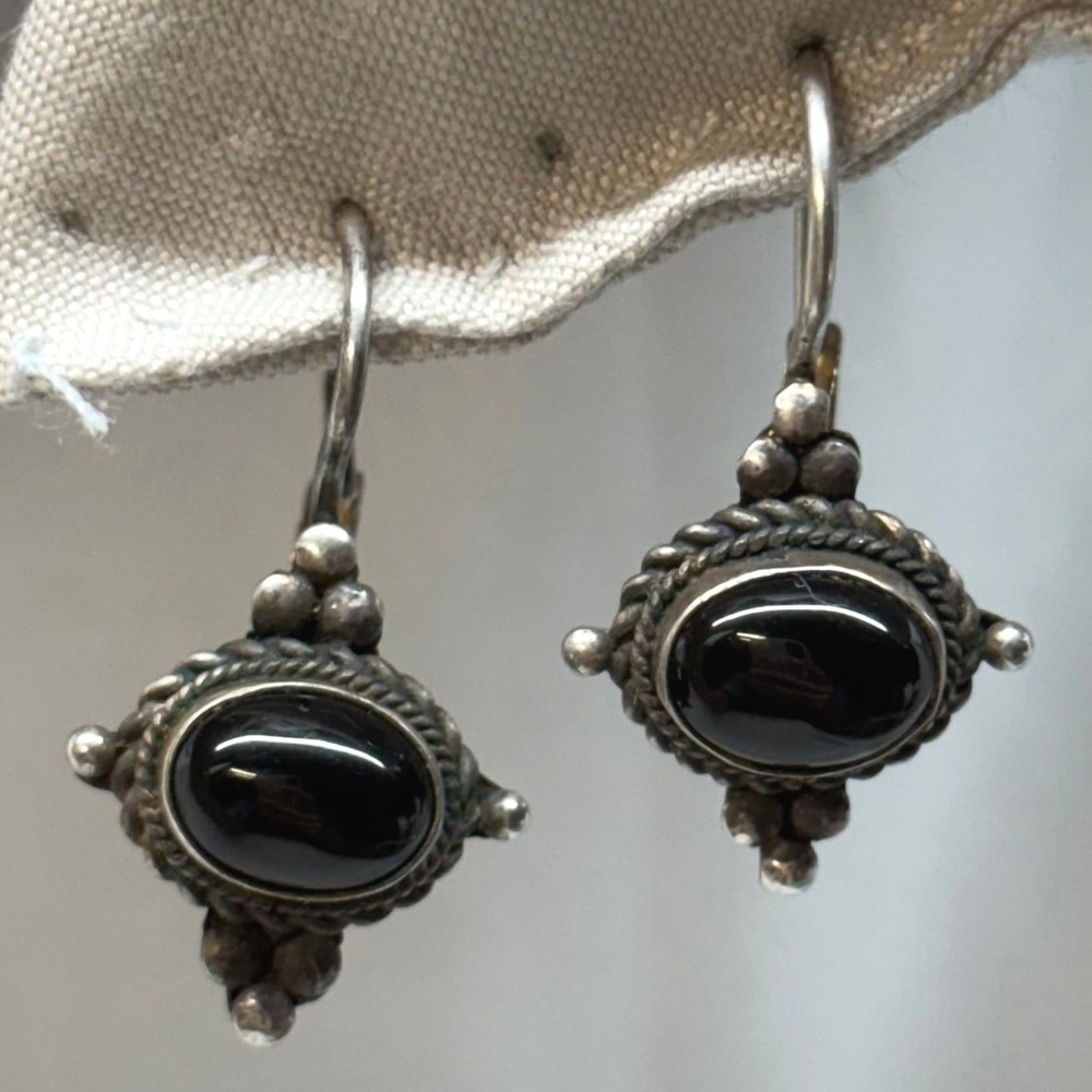 FAS Sterling Silver Earrings Womens OS Black Good Onyx Leverback Bohemian 925